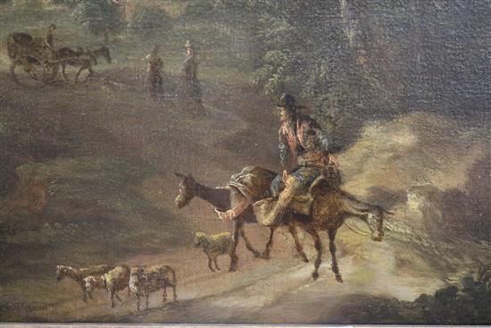 18th century Spanish School, oil on canvas, traveller with donkeys 47 x 73cm